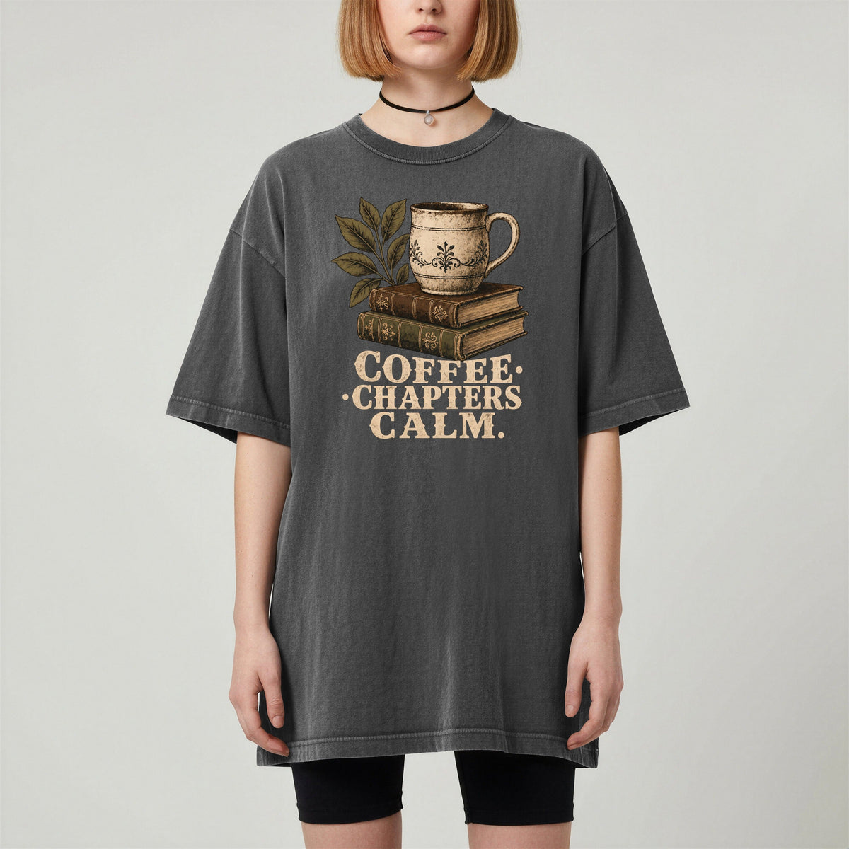 Shelf Love Studio Coffee. Chapters. Calm. t-shirt in Pepper, worn