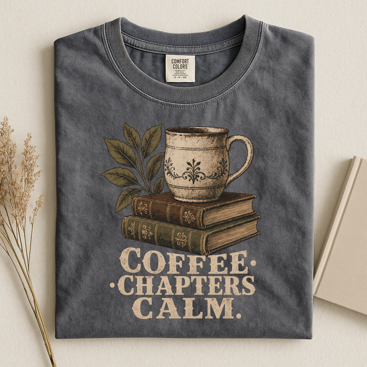 Shelf Love Studio Coffee. Chapters. Calm. t-shirt in Pepper, styled flat lay