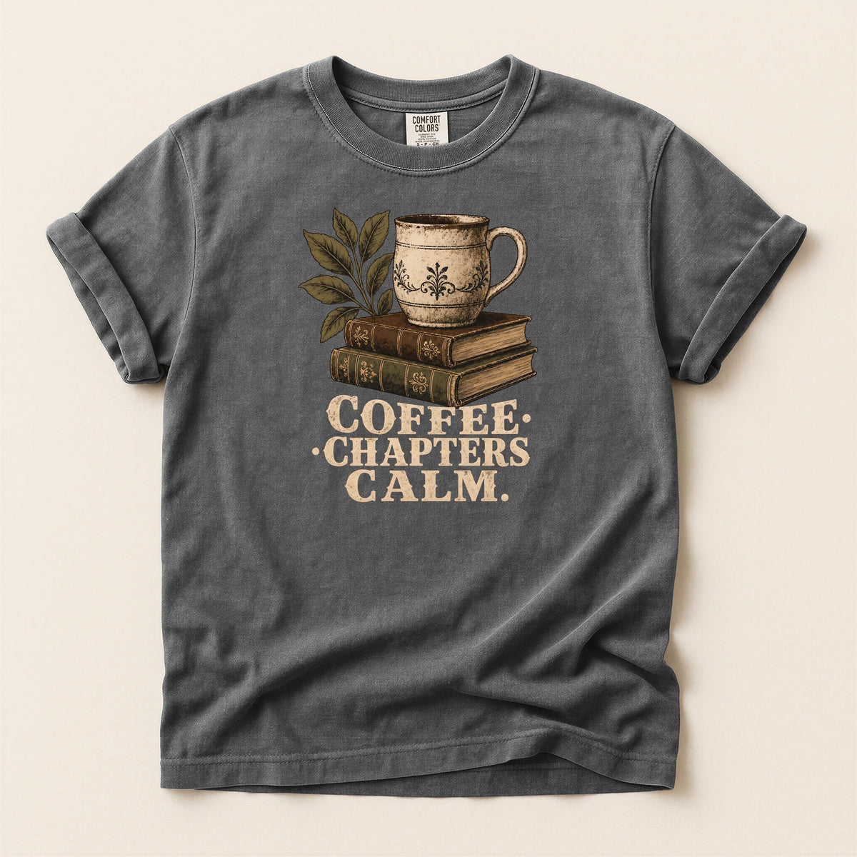 Shelf Love Studio Coffee. Chapters. Calm. t-shirt in Pepper, flat