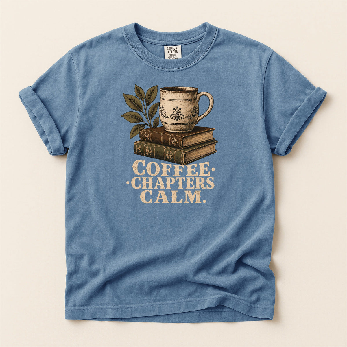 Shelf Love Studio Coffee. Chapters. Calm. t-shirt in Blue Jean, flat