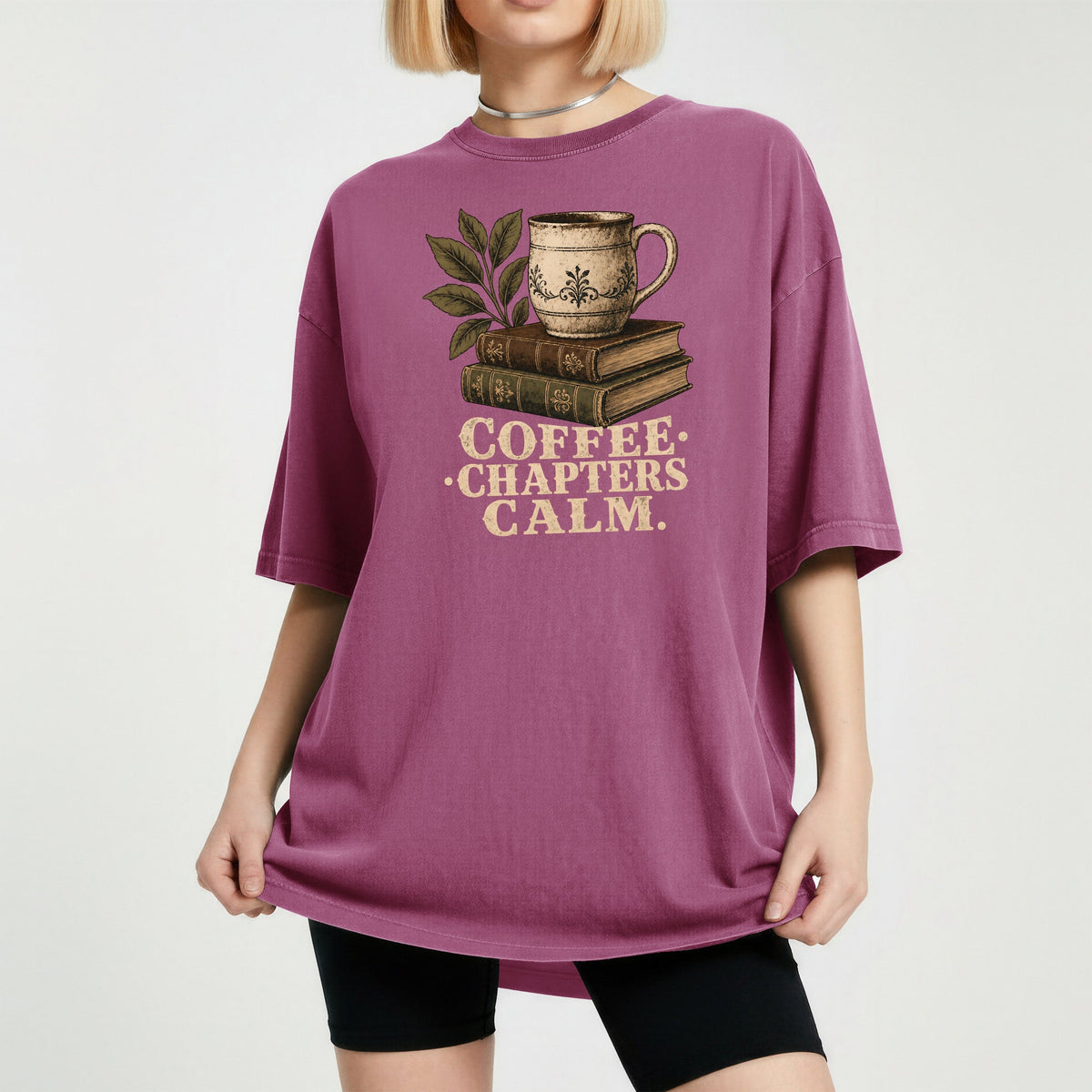 Shelf Love Studio Coffee. Chapters. Calm. t-shirt in Berry, worn