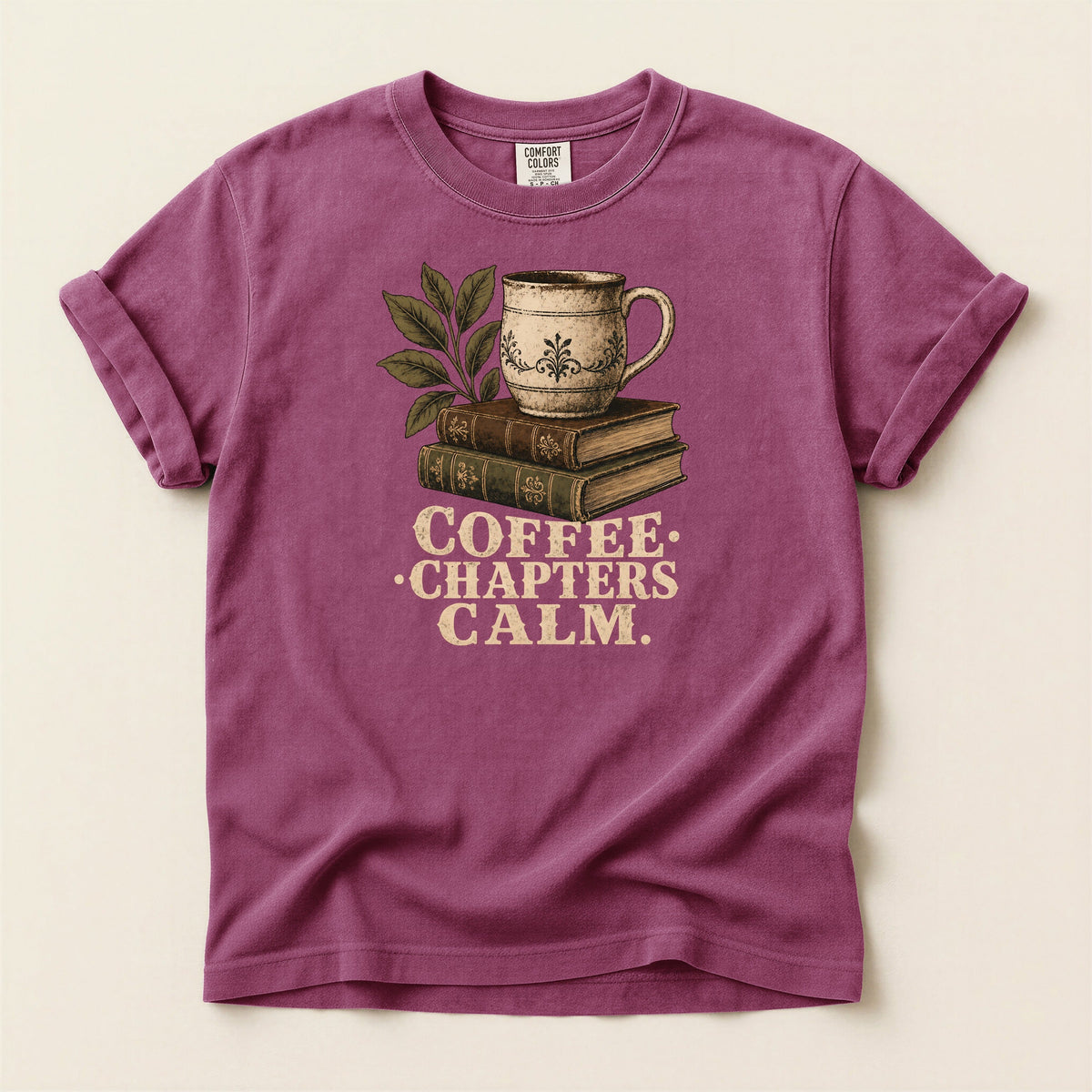 Shelf Love Studio Coffee. Chapters. Calm. t-shirt in Berry, flat