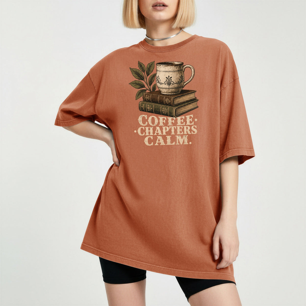 Shelf Love Studio Coffee. Chapters. Calm. t-shirt in Yam, worn