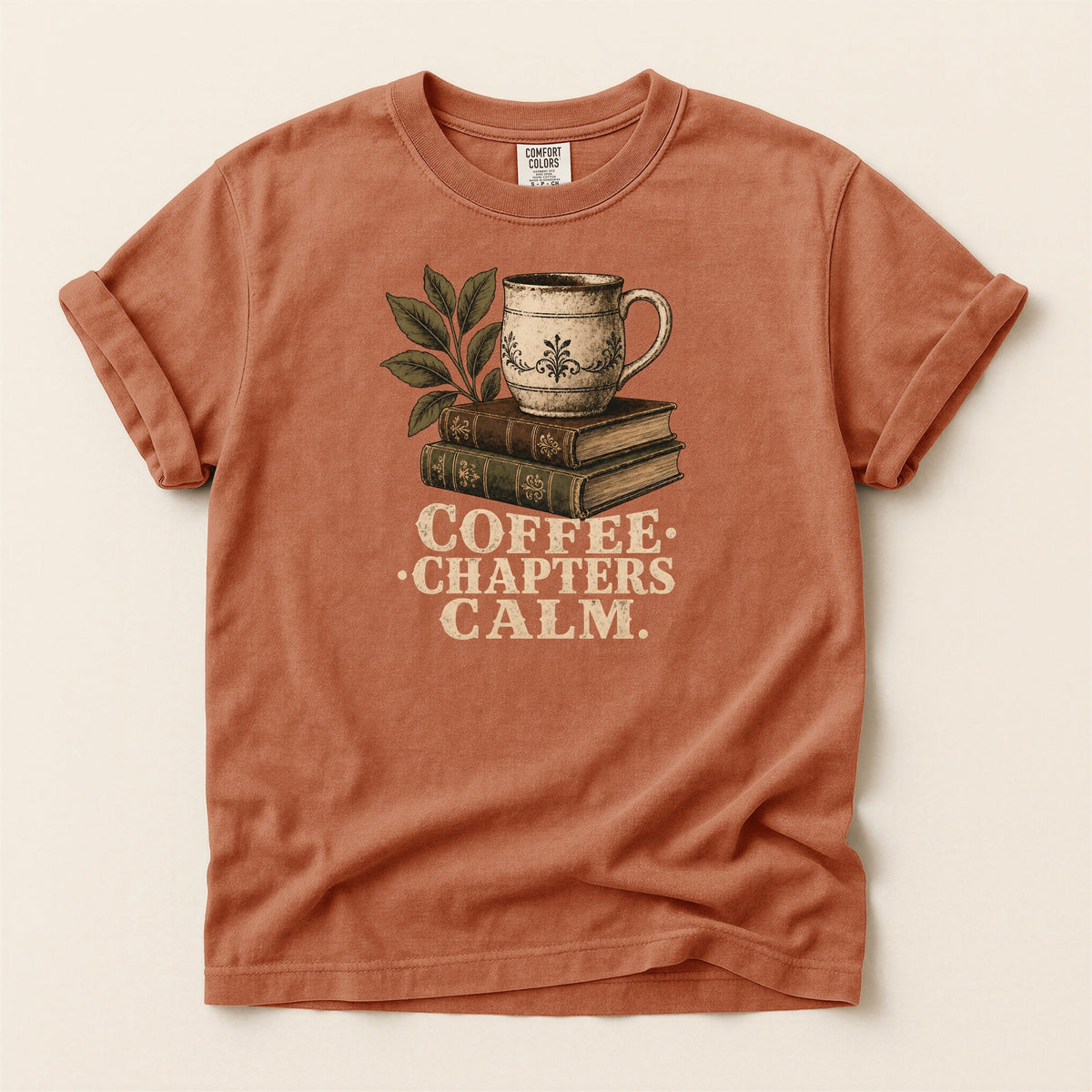 Shelf Love Studio Coffee. Chapters. Calm. t-shirt in Yam, flat