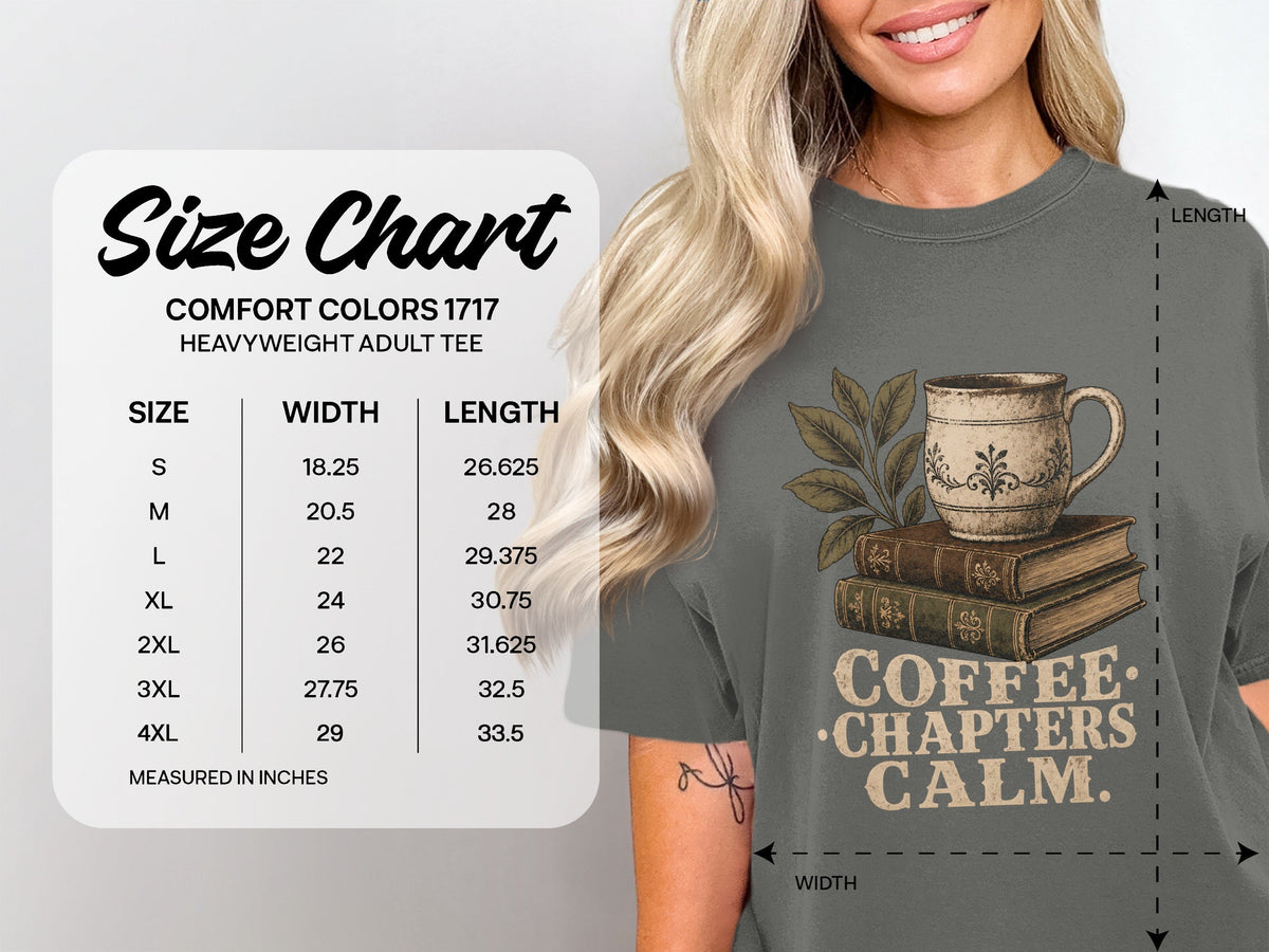 Coffee. Chapters. Calm. size chart