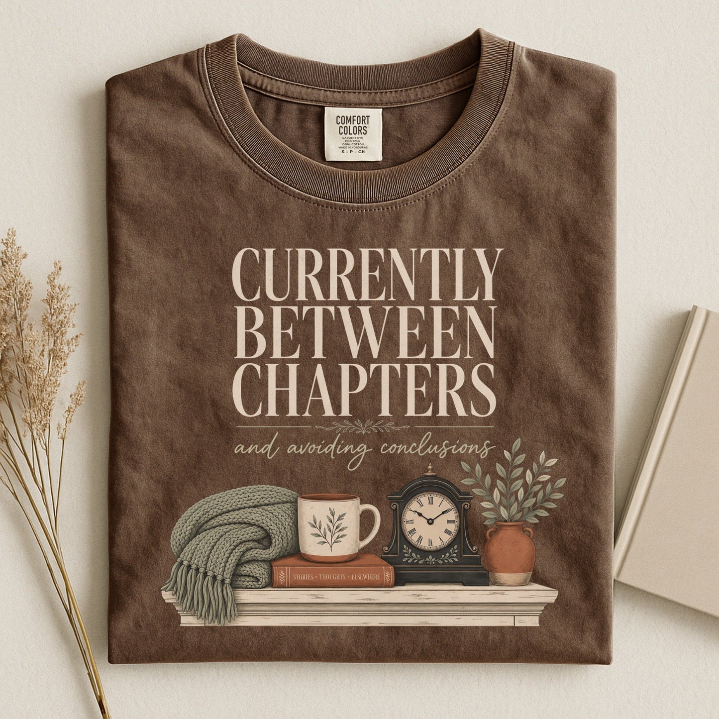 Currently Between Chapters bookish tee in Espresso, flat lay