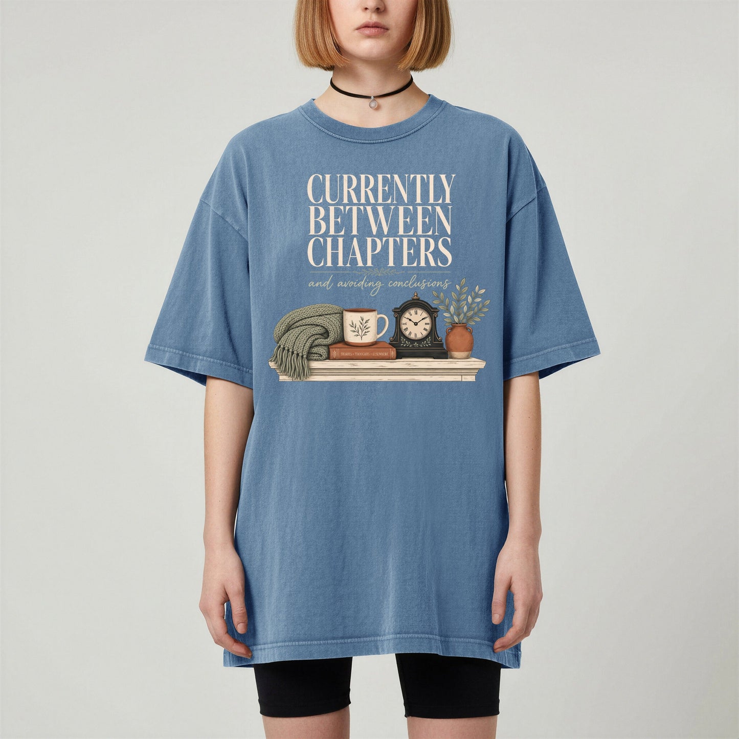 Currently Between Chapters bookish tee in Blue Jean, worn