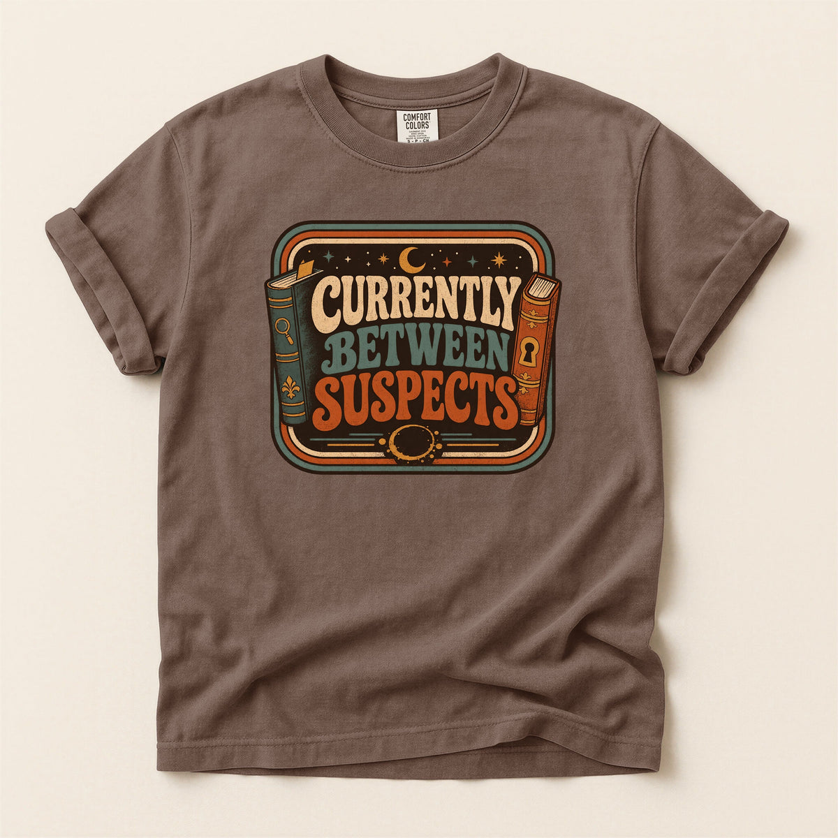 Shelf Love Studio Currently Between Suspects t-shirt in Espresso, flat