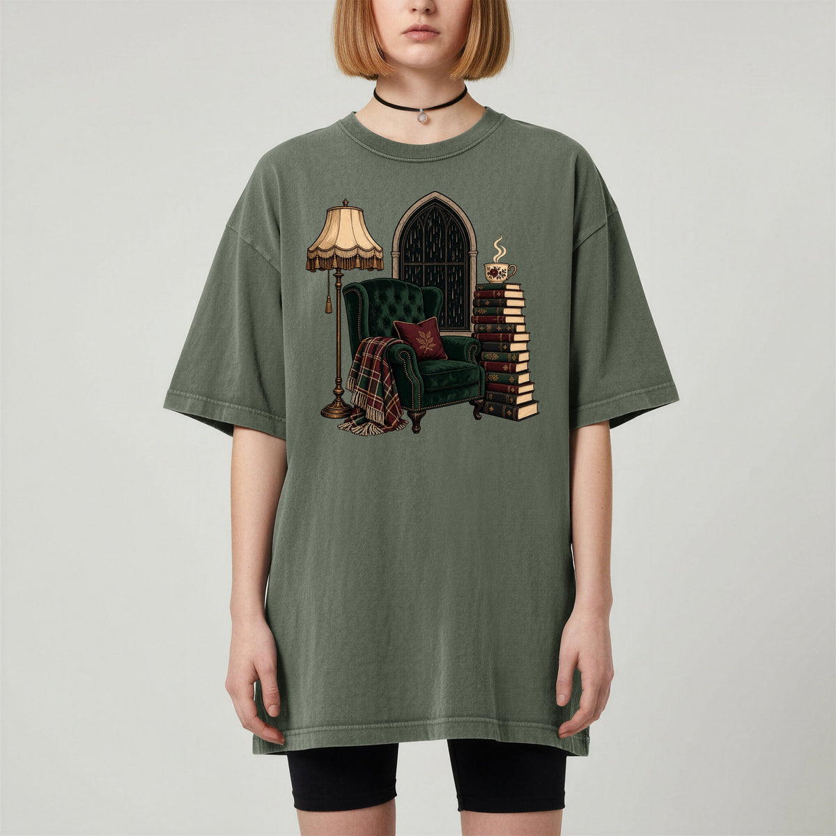 Shelf Love Studio Dark Academia Reading Chair t-shirt in Moss, worn