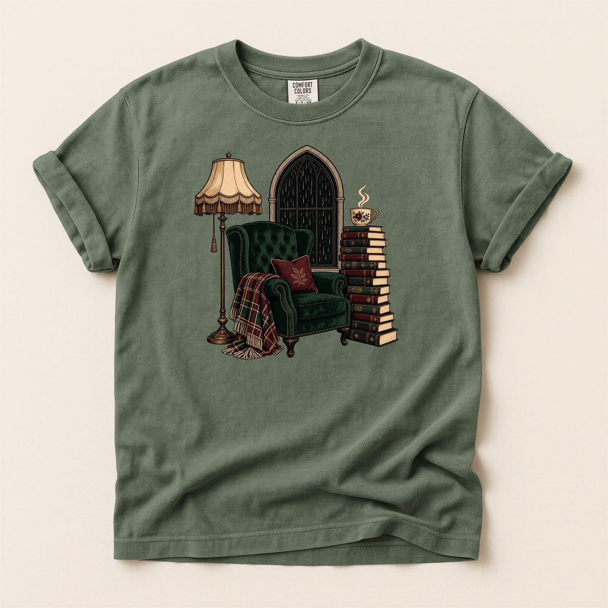 Shelf Love Studio Dark Academia Reading Chair t-shirt in Moss, flat