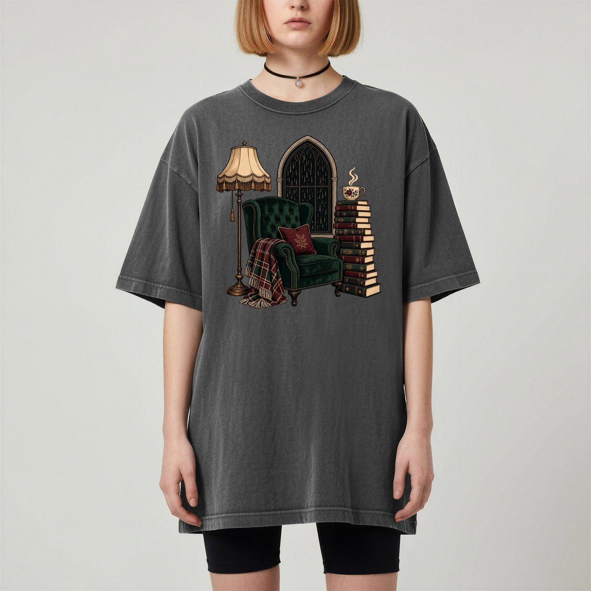 Shelf Love Studio Dark Academia Reading Chair t-shirt in Pepper, worn
