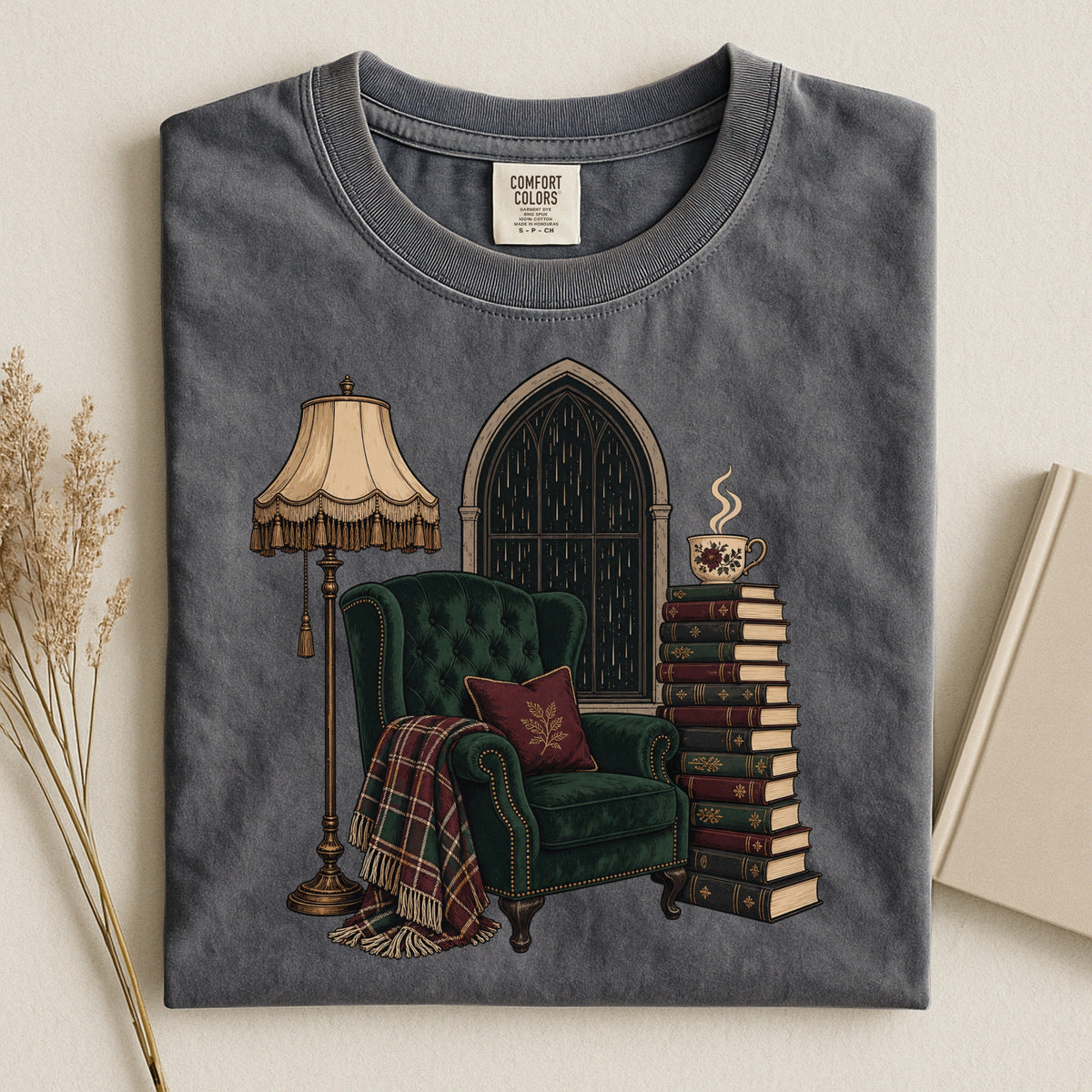 Shelf Love Studio Dark Academia Reading Chair t-shirt in Pepper, styled flat lay