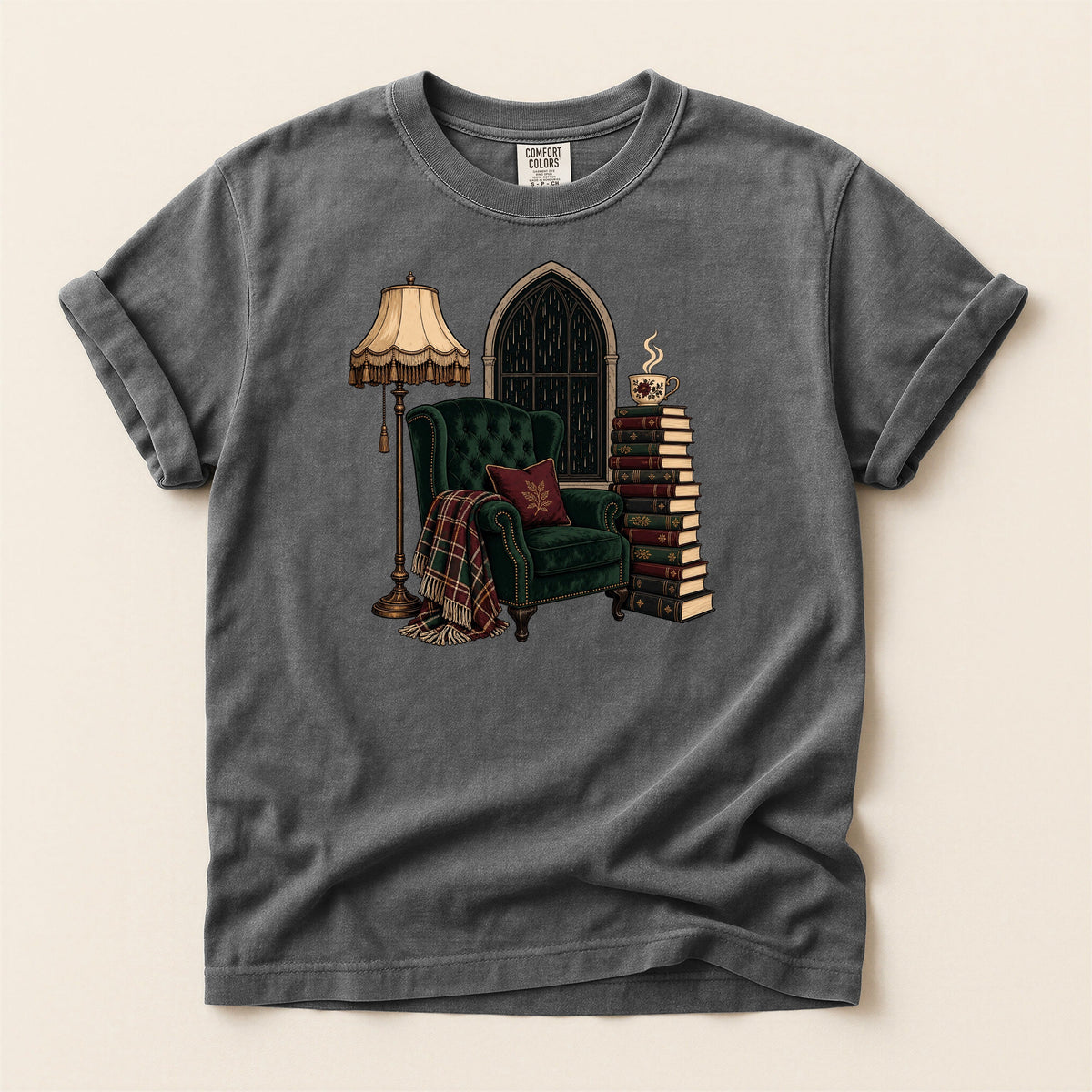 Shelf Love Studio Dark Academia Reading Chair t-shirt in Pepper, flat