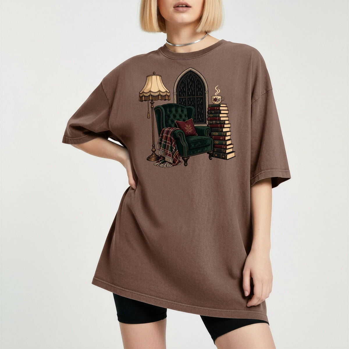 Shelf Love Studio Dark Academia Reading Chair t-shirt in Espresso, worn