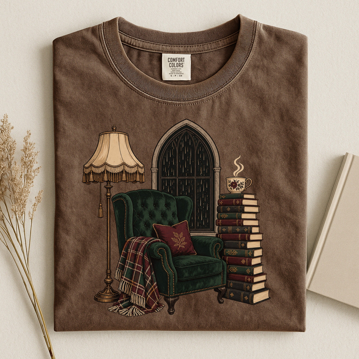 Shelf Love Studio Dark Academia Reading Chair t-shirt in Espresso, styled flat lay