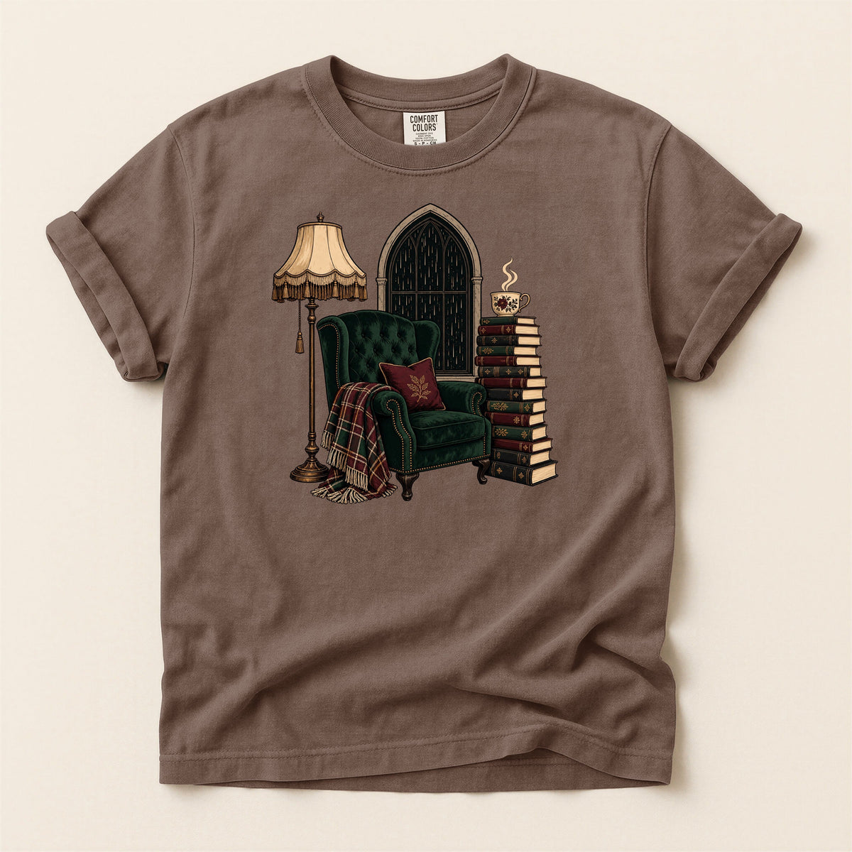 Shelf Love Studio Dark Academia Reading Chair t-shirt in Espresso, flat