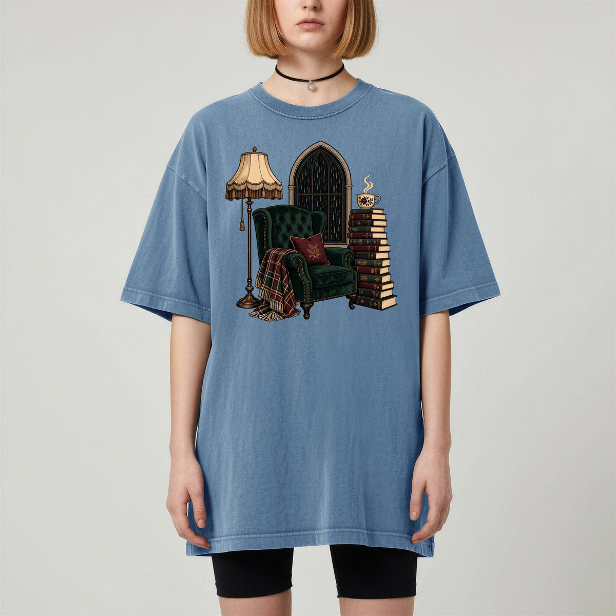 Shelf Love Studio Dark Academia Reading Chair t-shirt in Blue Jean, worn
