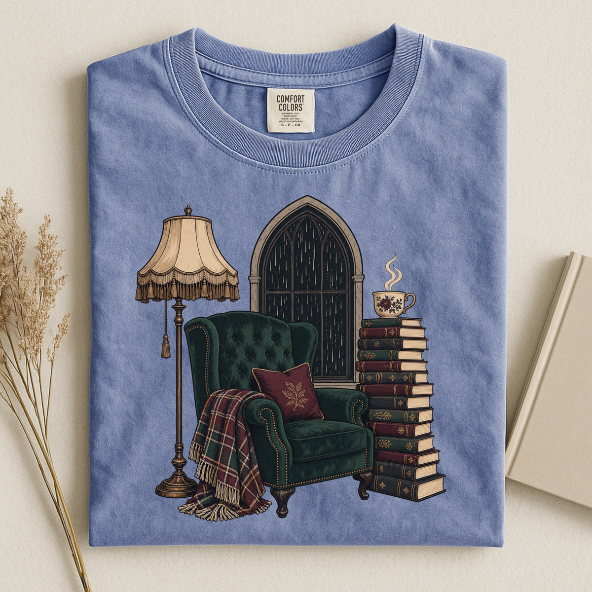 Shelf Love Studio Dark Academia Reading Chair t-shirt in Blue Jean, styled flat lay