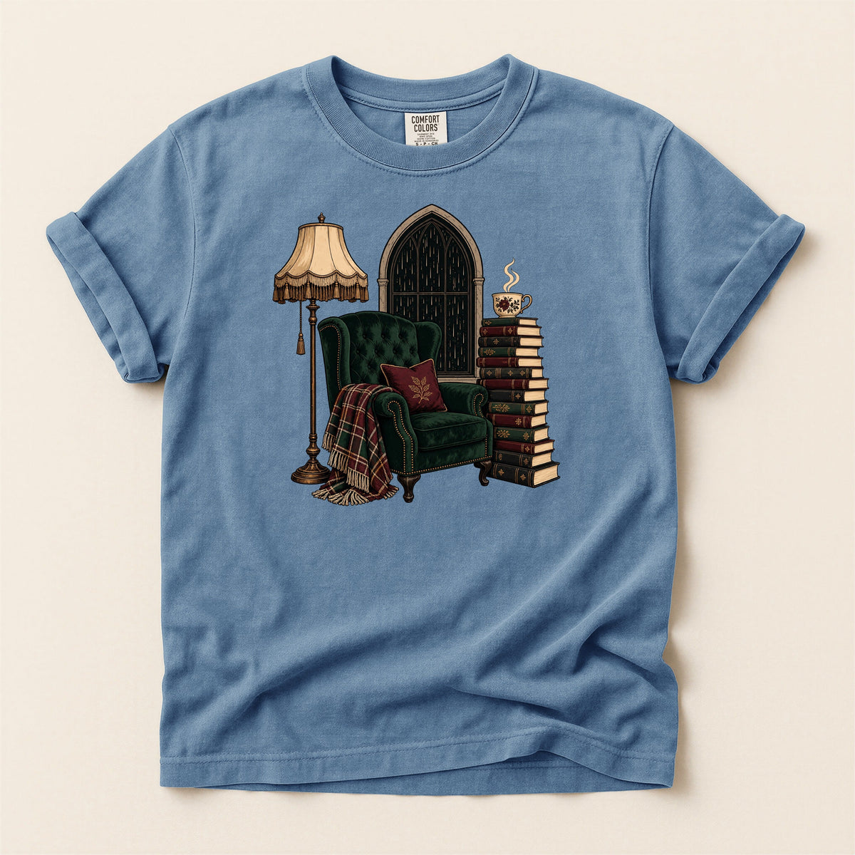 Shelf Love Studio Dark Academia Reading Chair t-shirt in Blue Jean, flat