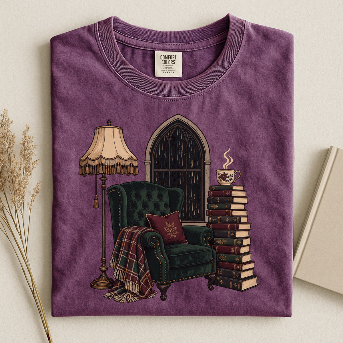 Shelf Love Studio Dark Academia Reading Chair t-shirt in Berry, styled flat lay