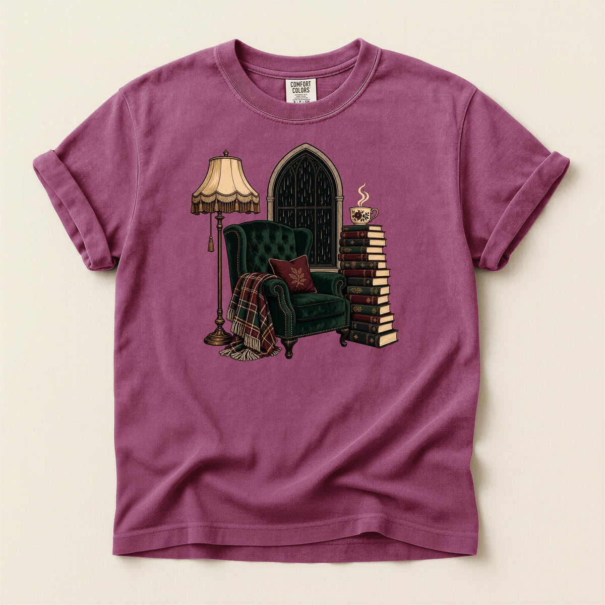 Shelf Love Studio Dark Academia Reading Chair t-shirt in Berry, flat