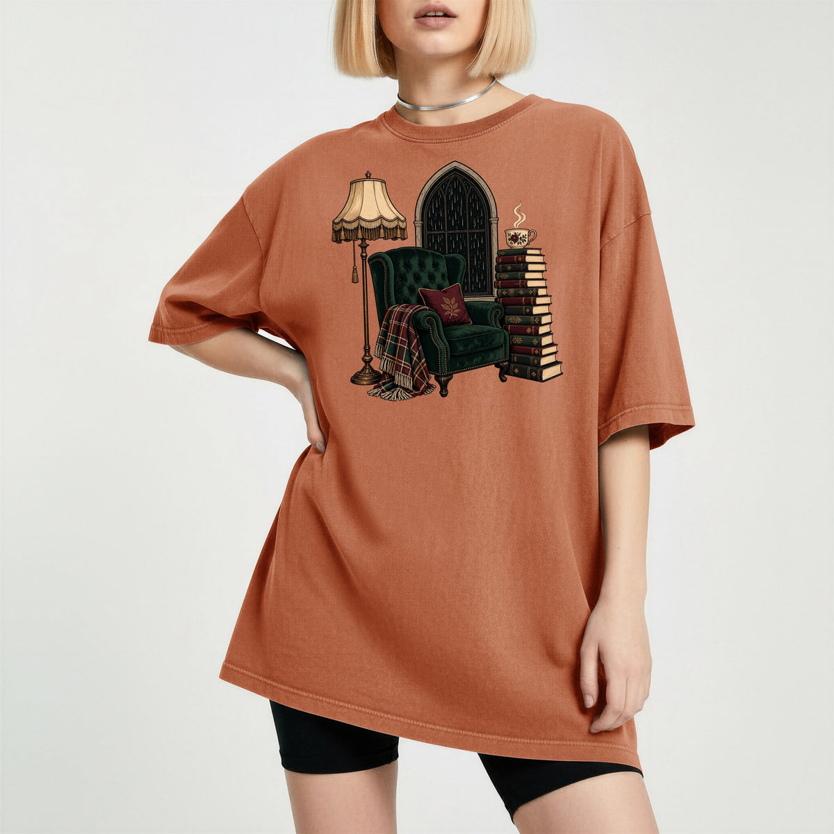 Shelf Love Studio Dark Academia Reading Chair t-shirt in Yam, worn