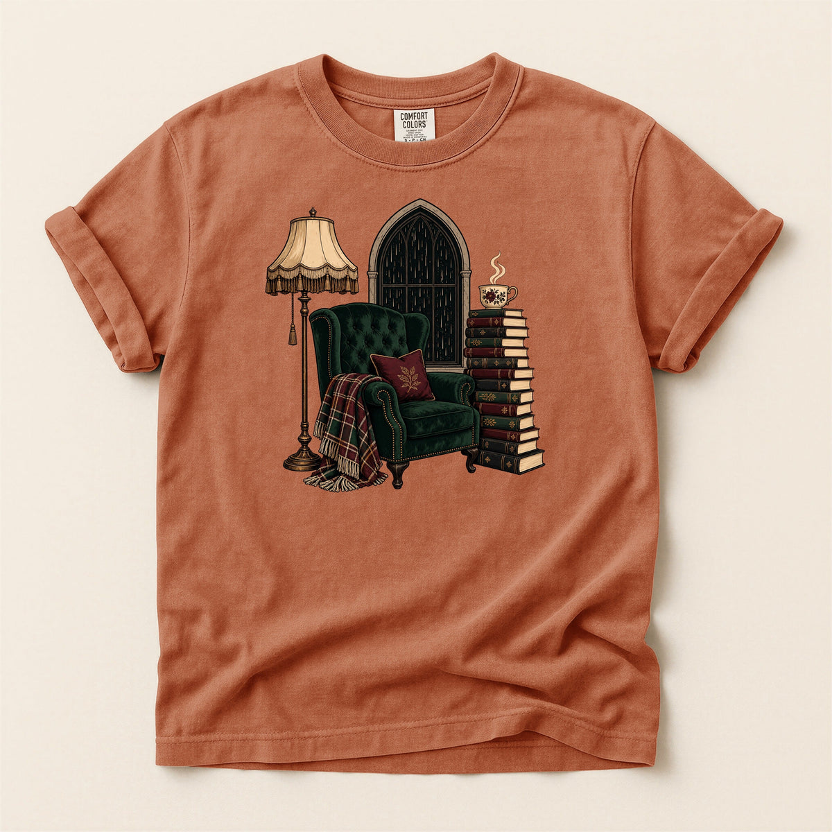 Shelf Love Studio Dark Academia Reading Chair t-shirt in Yam, flat