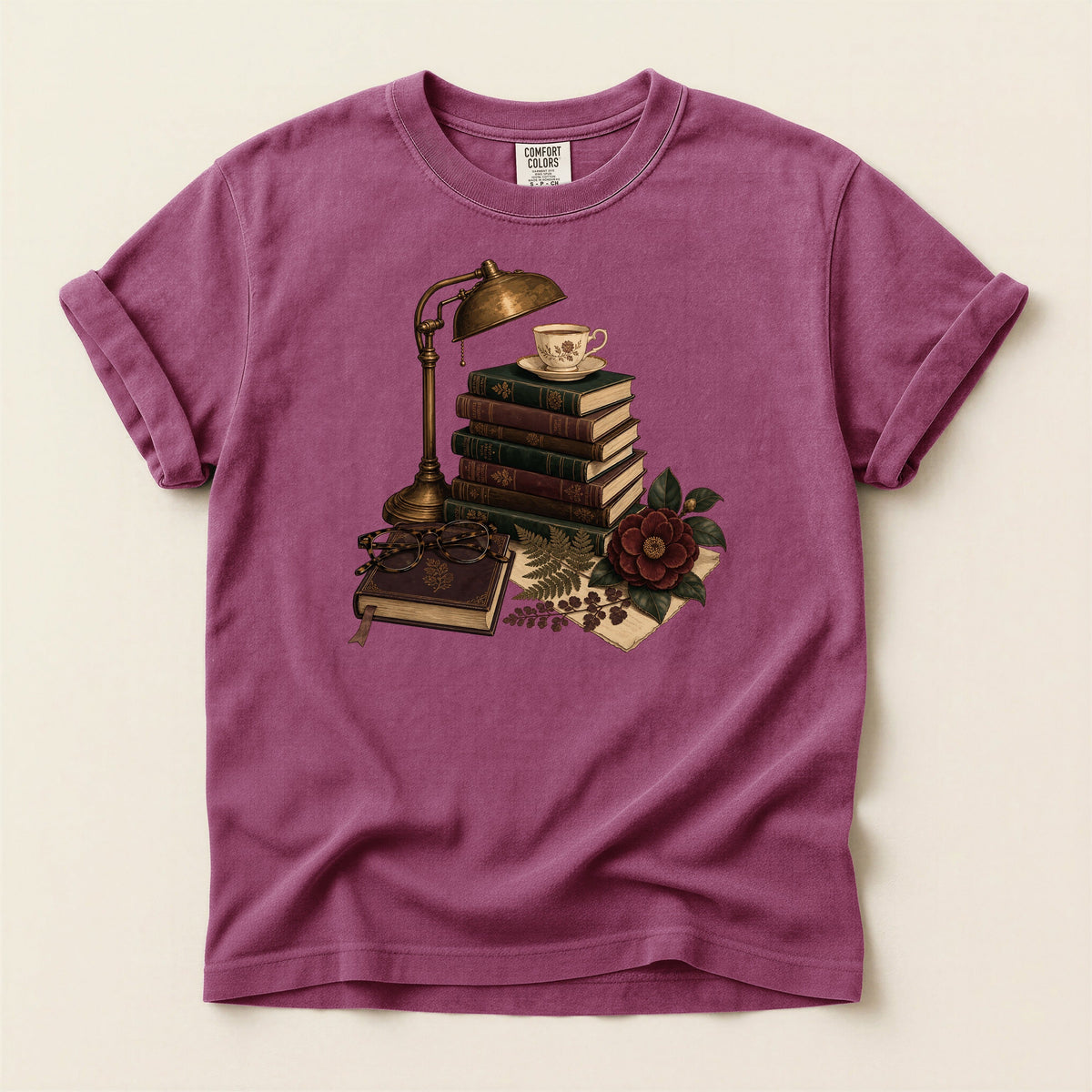 Shelf Love Studio Dark Academia Reading Lamp t-shirt in Berry, flat