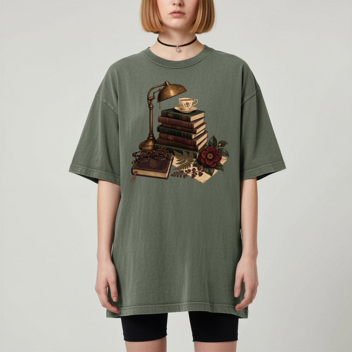 Shelf Love Studio Dark Academia Reading Lamp t-shirt in Moss, worn