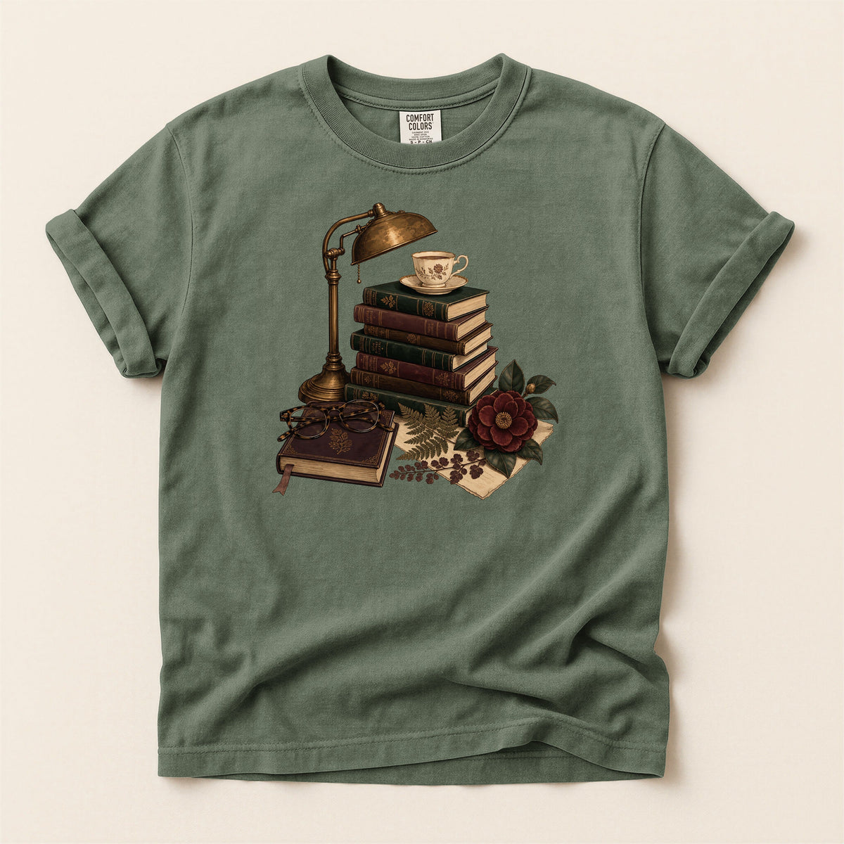 Shelf Love Studio Dark Academia Reading Lamp t-shirt in Moss, flat
