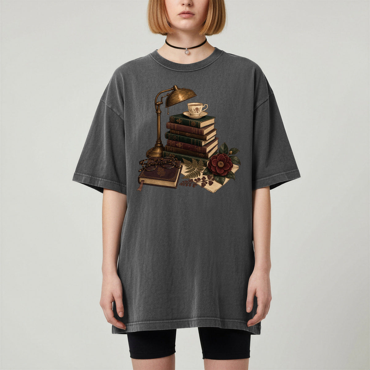 Shelf Love Studio Dark Academia Reading Lamp t-shirt in Pepper, worn