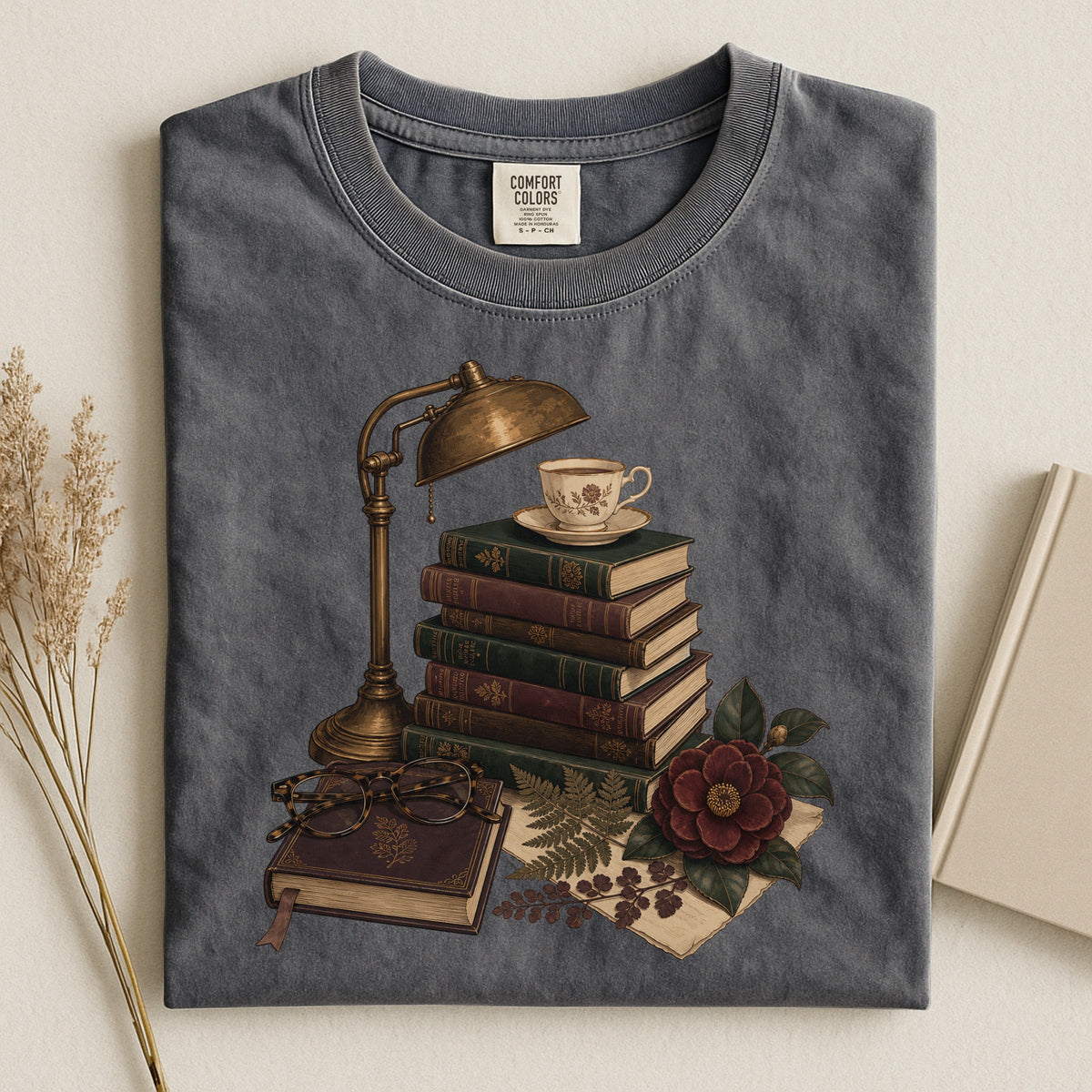 Shelf Love Studio Dark Academia Reading Lamp t-shirt in Pepper, styled flat lay