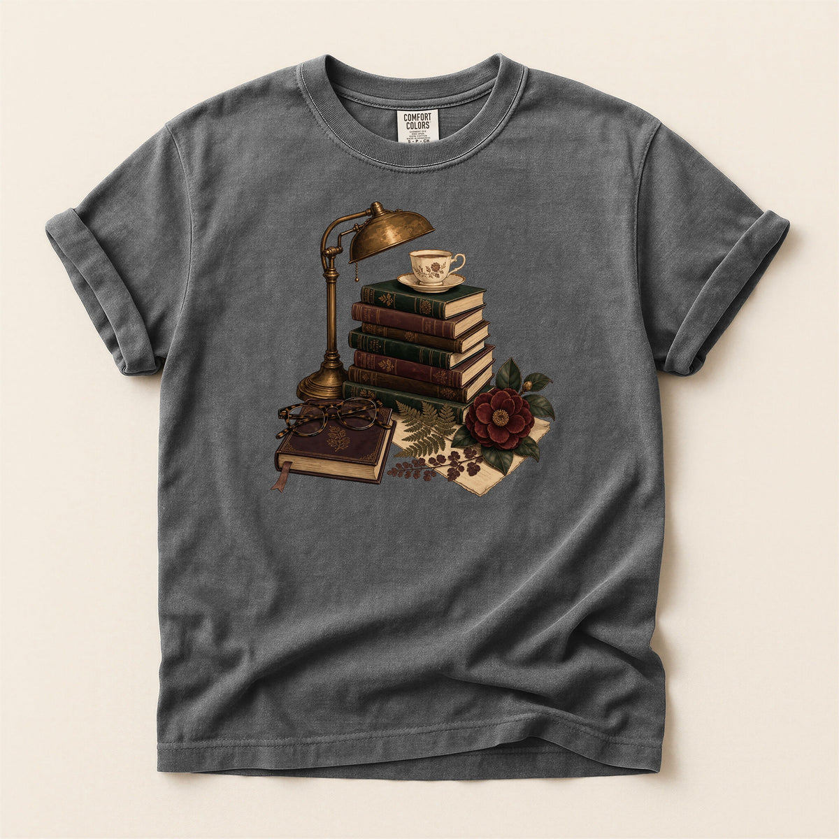 Shelf Love Studio Dark Academia Reading Lamp t-shirt in Pepper, flat