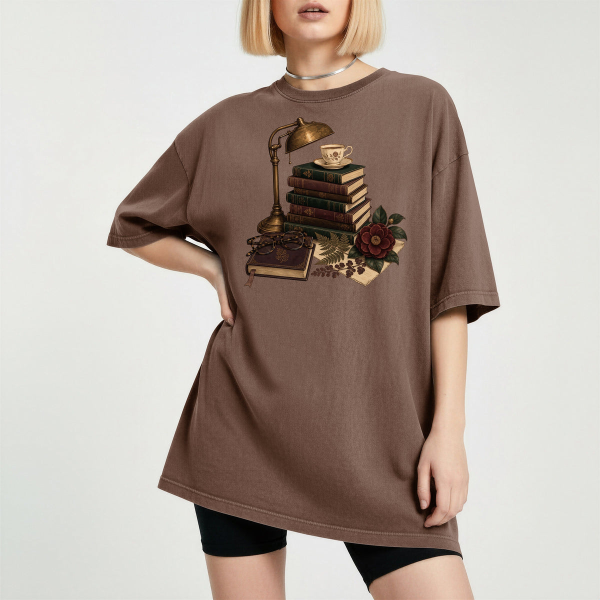 Shelf Love Studio Dark Academia Reading Lamp t-shirt in Espresso, worn