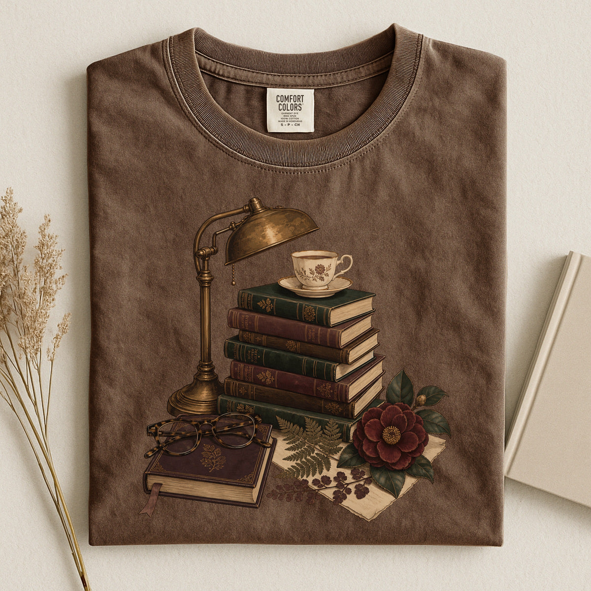 Shelf Love Studio Dark Academia Reading Lamp t-shirt in Espresso, styled flat lay