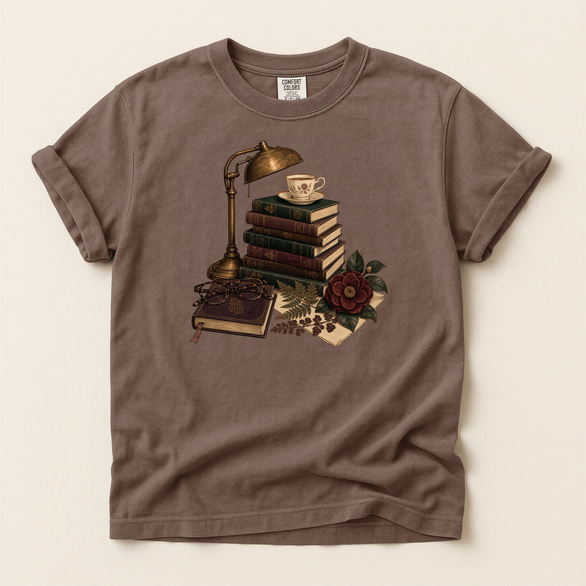 Shelf Love Studio Dark Academia Reading Lamp t-shirt in Espresso, flat