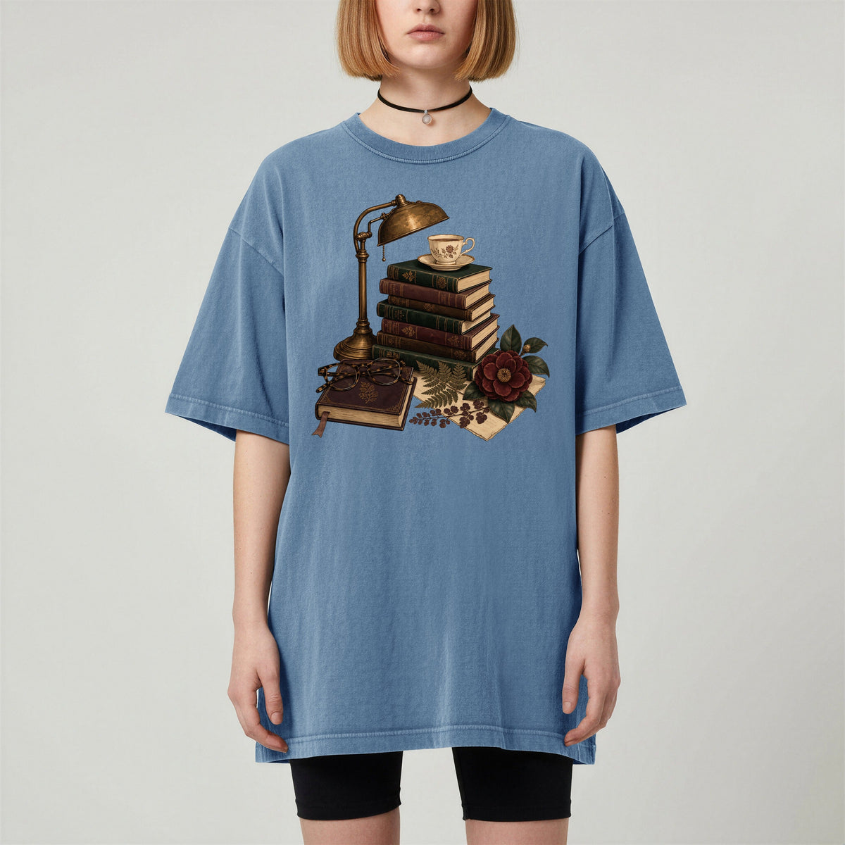 Shelf Love Studio Dark Academia Reading Lamp t-shirt in Blue Jean, worn