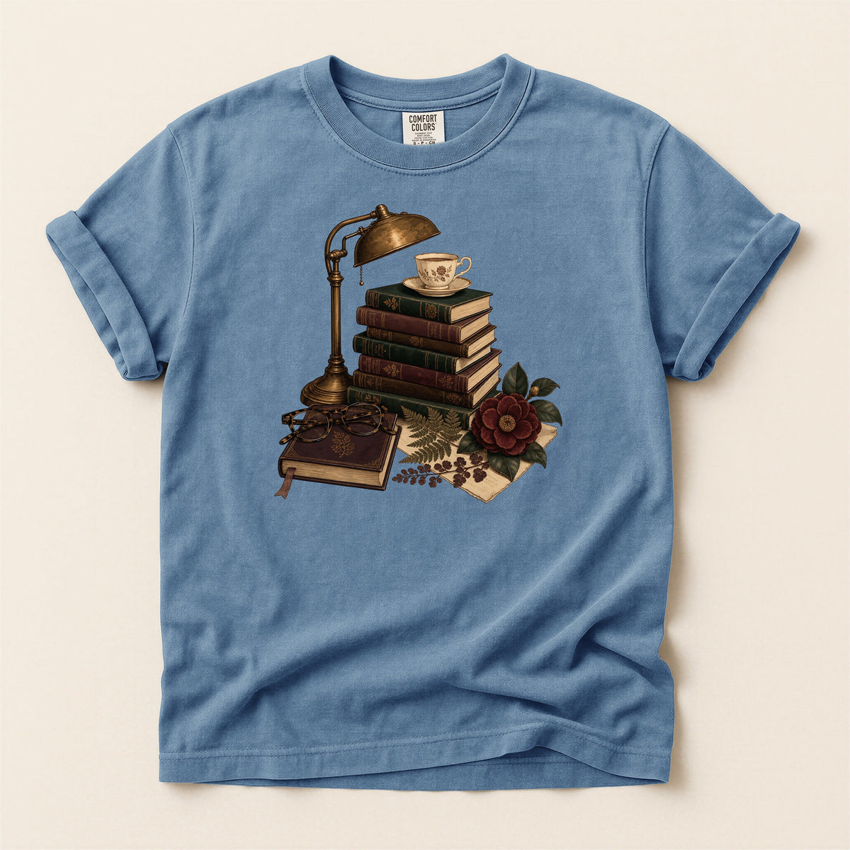 Shelf Love Studio Dark Academia Reading Lamp t-shirt in Blue Jean, flat