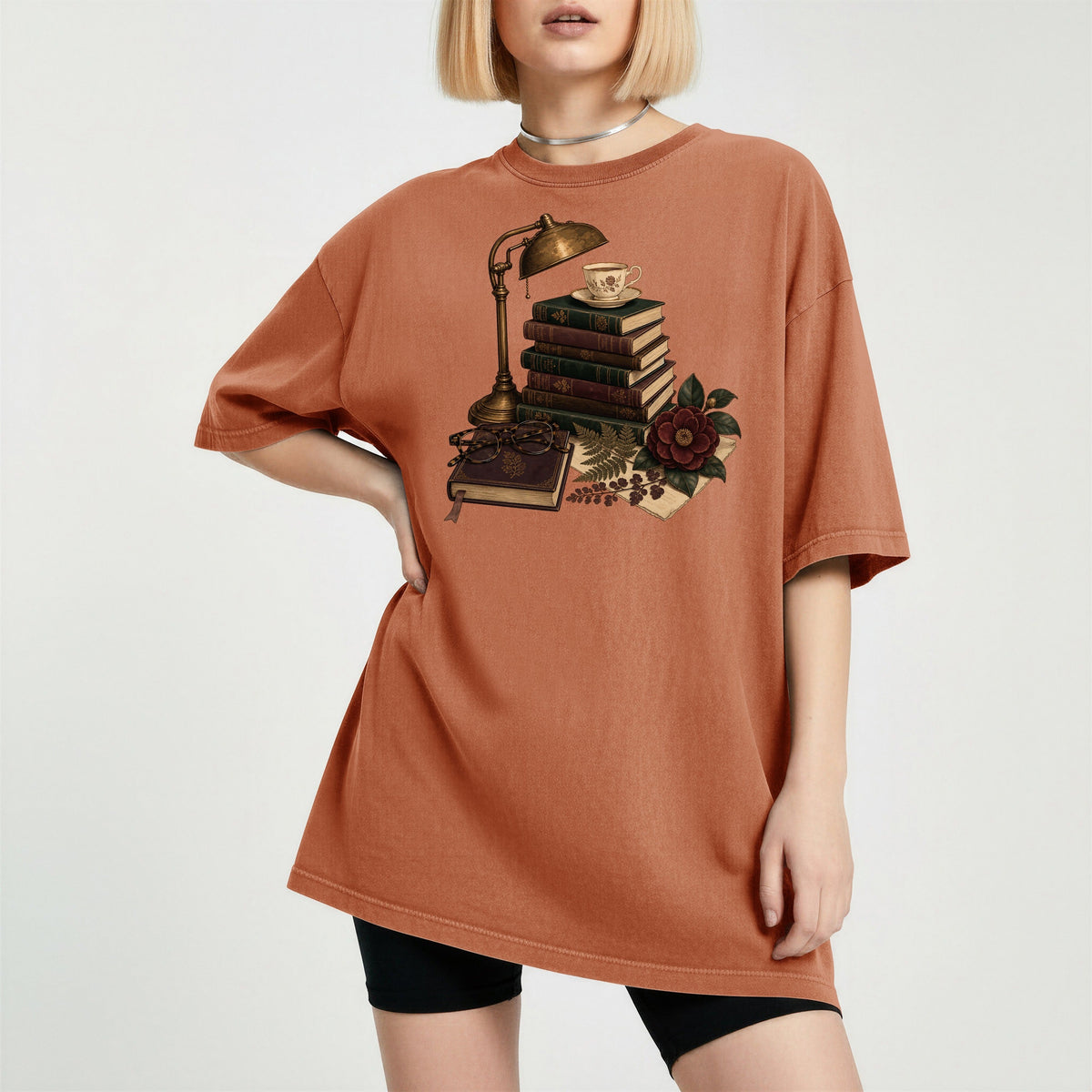 Shelf Love Studio Dark Academia Reading Lamp t-shirt in Yam, worn
