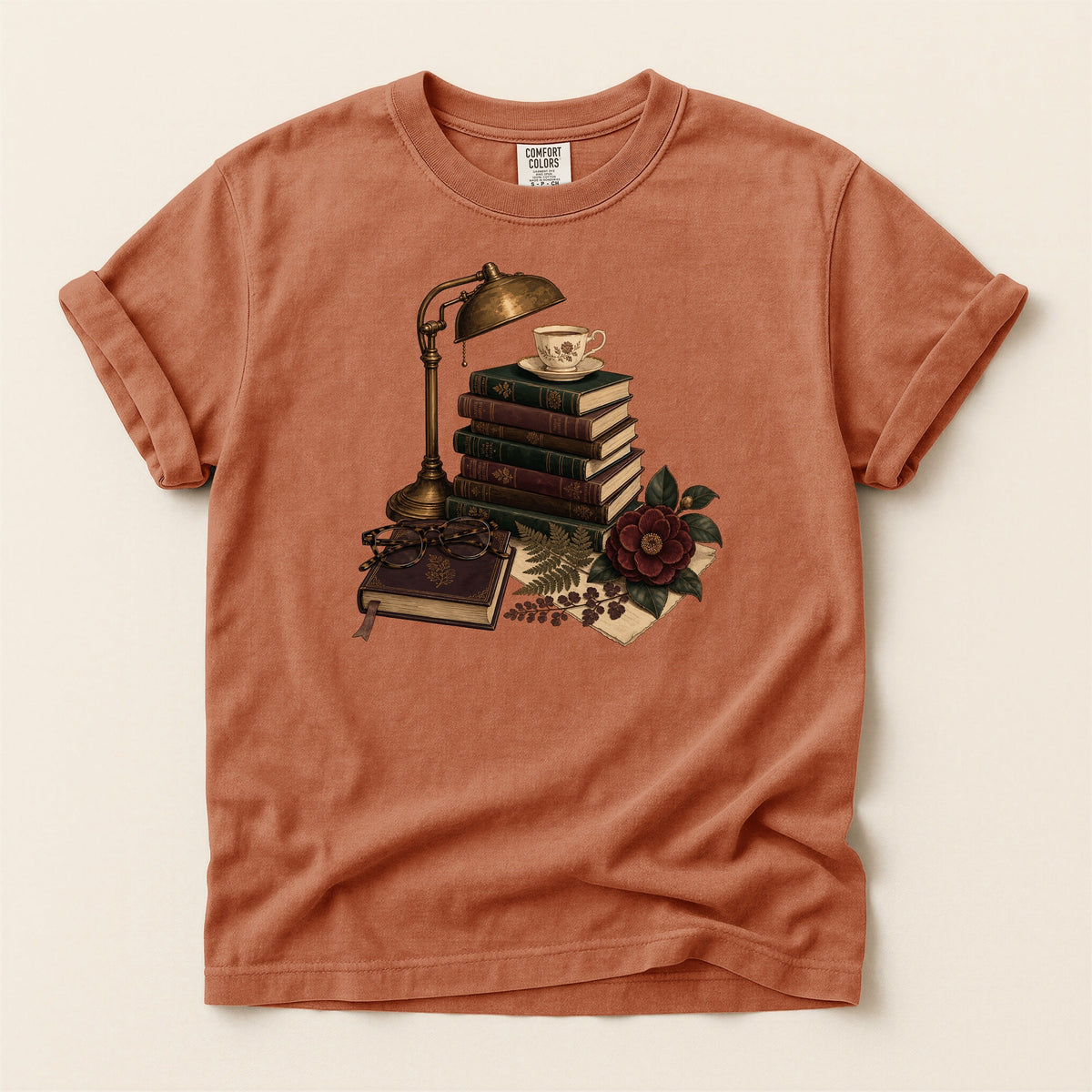 Shelf Love Studio Dark Academia Reading Lamp t-shirt in Yam, flat