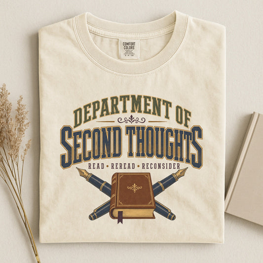 Department of Second Thoughts bookish tee in Ivory, flat lay