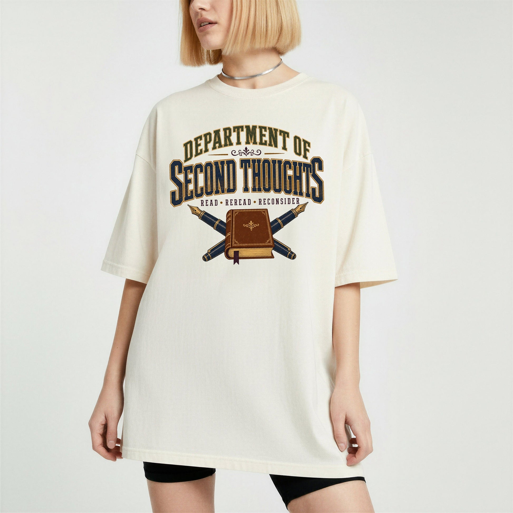 Department of Second Thoughts bookish tee in Ivory, worn