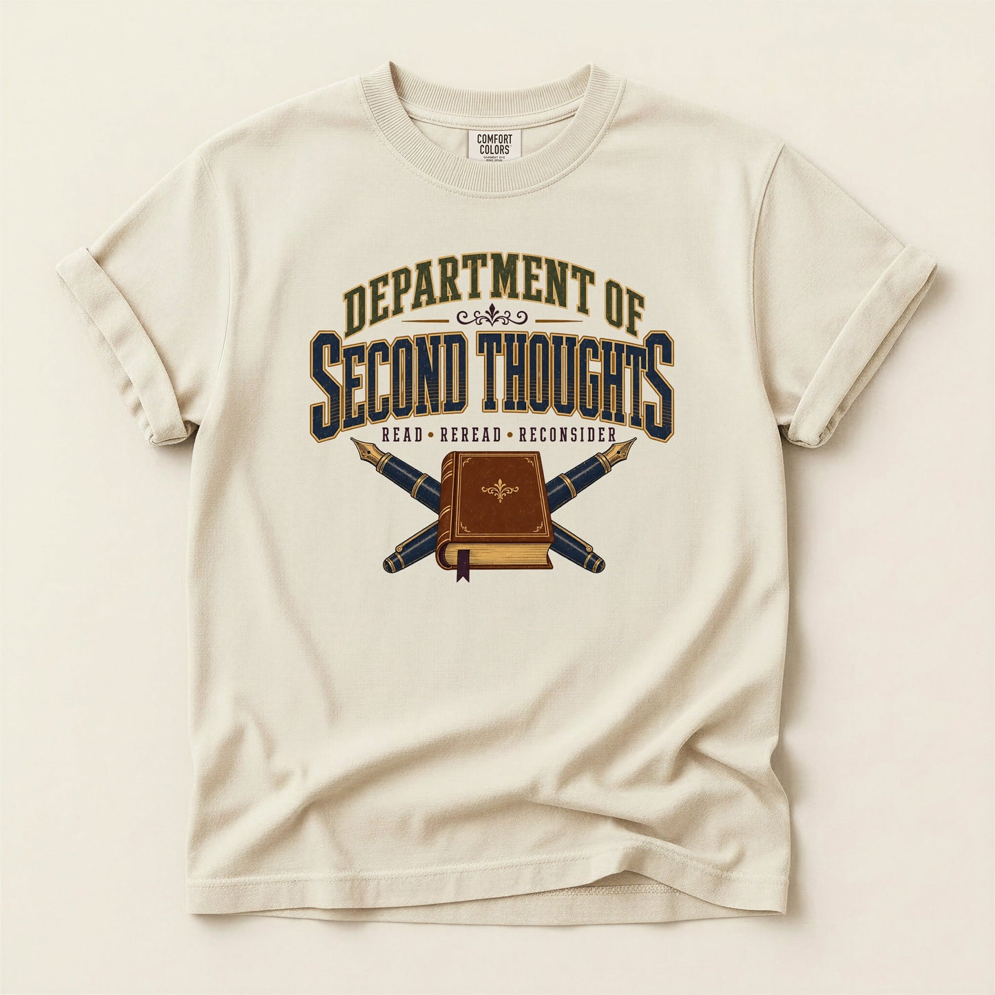 Department of Second Thoughts bookish tee in Ivory, full flat