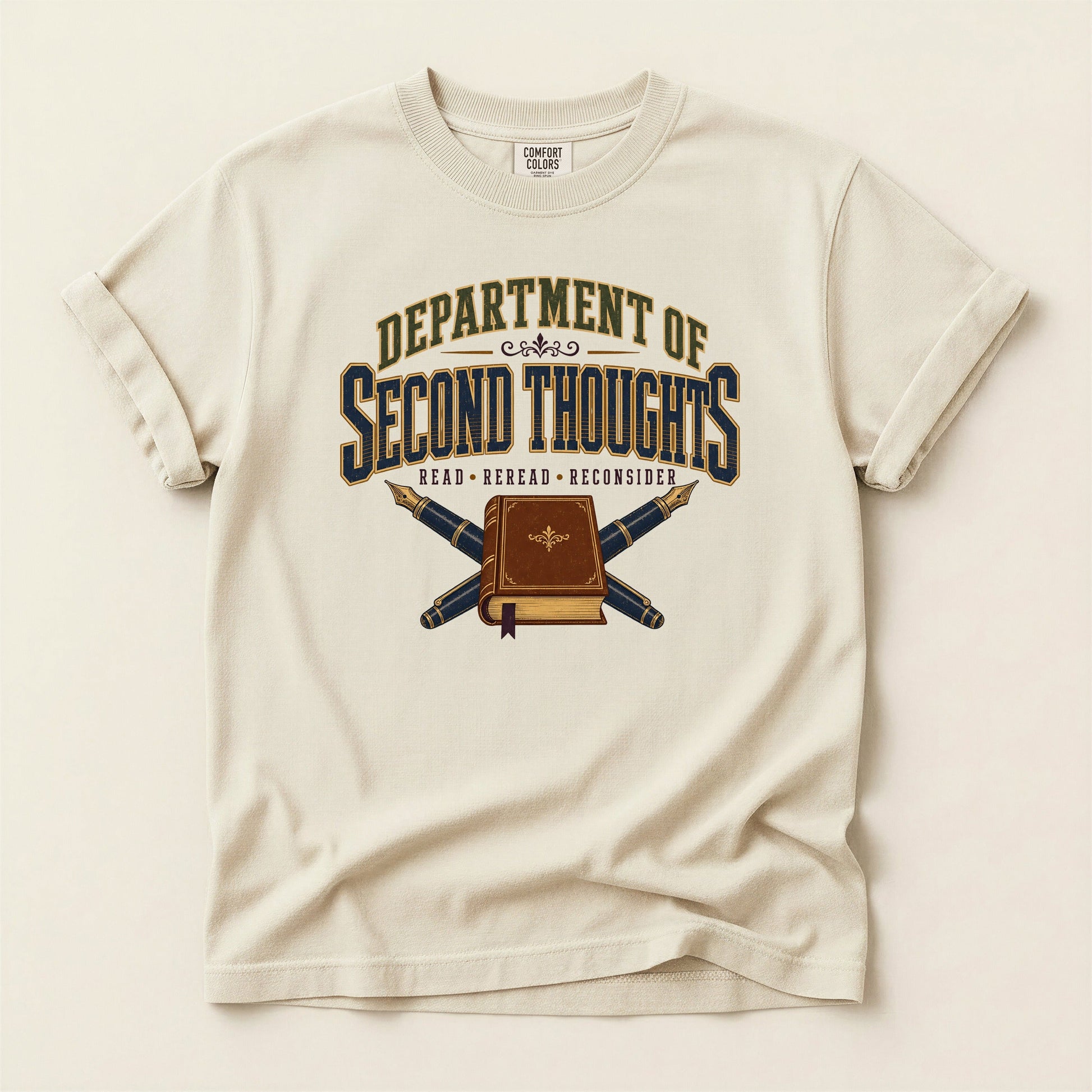 Department of Second Thoughts bookish tee in Ivory, full flat