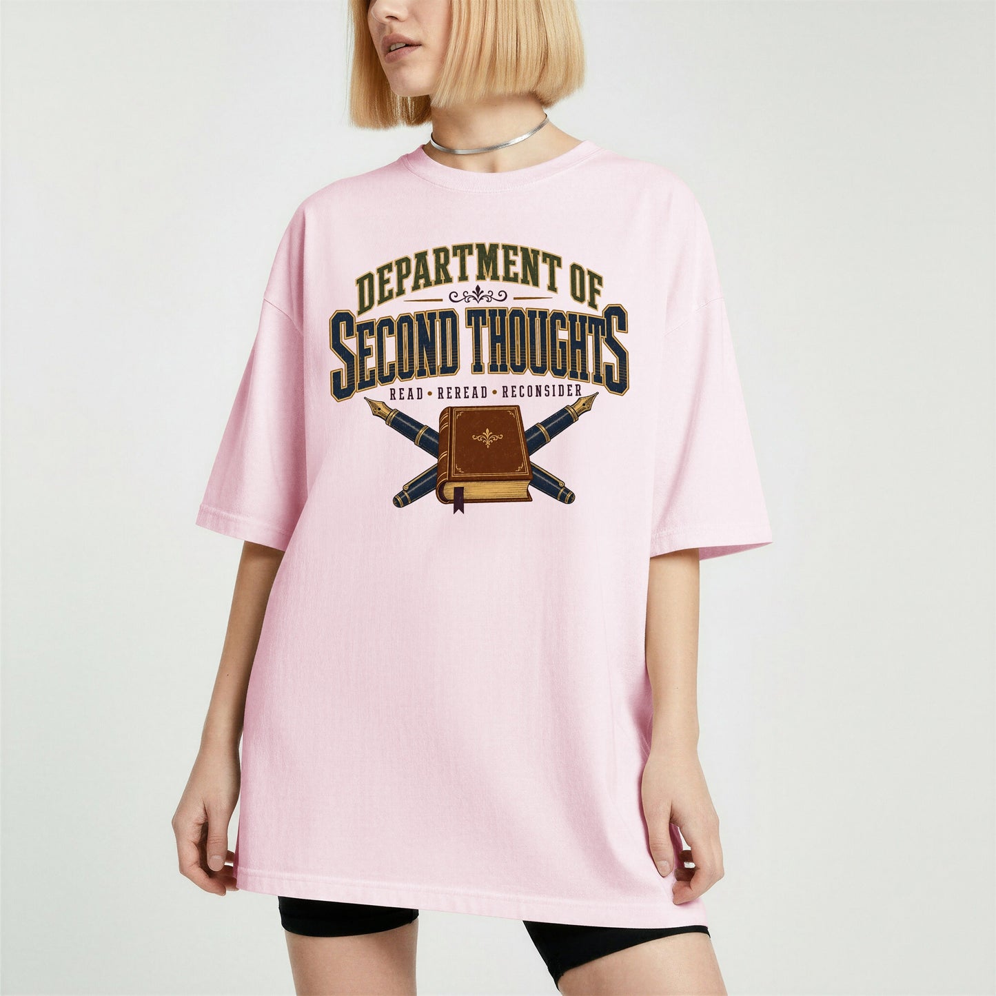 Department of Second Thoughts bookish tee in Blossom, worn