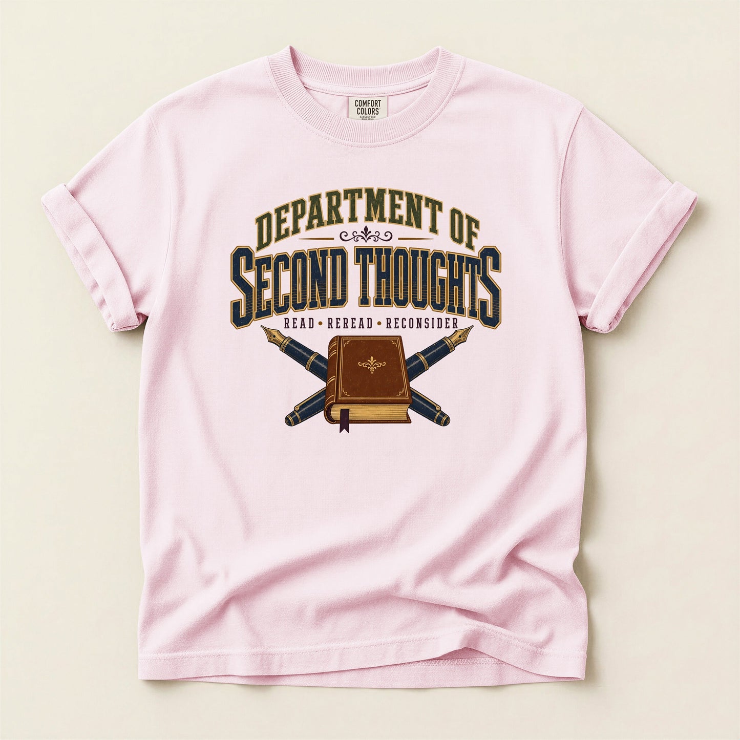 Department of Second Thoughts bookish tee in Blossom, full flat
