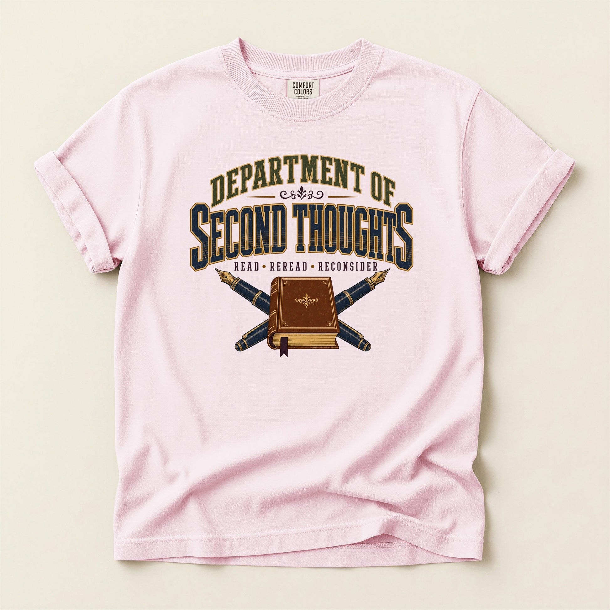 Department of Second Thoughts bookish tee in Blossom, full flat