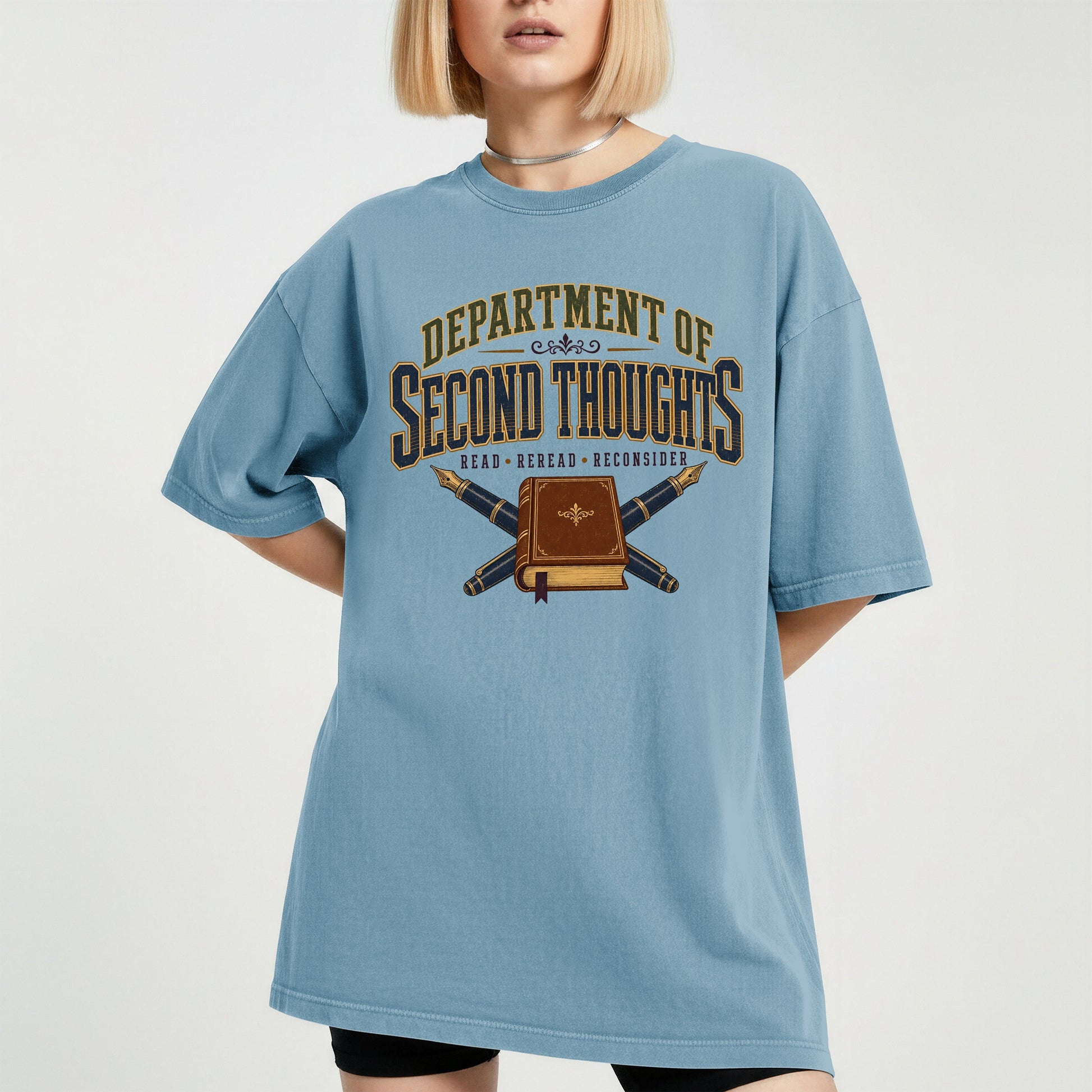 Department of Second Thoughts bookish tee in Ice Blue, worn
