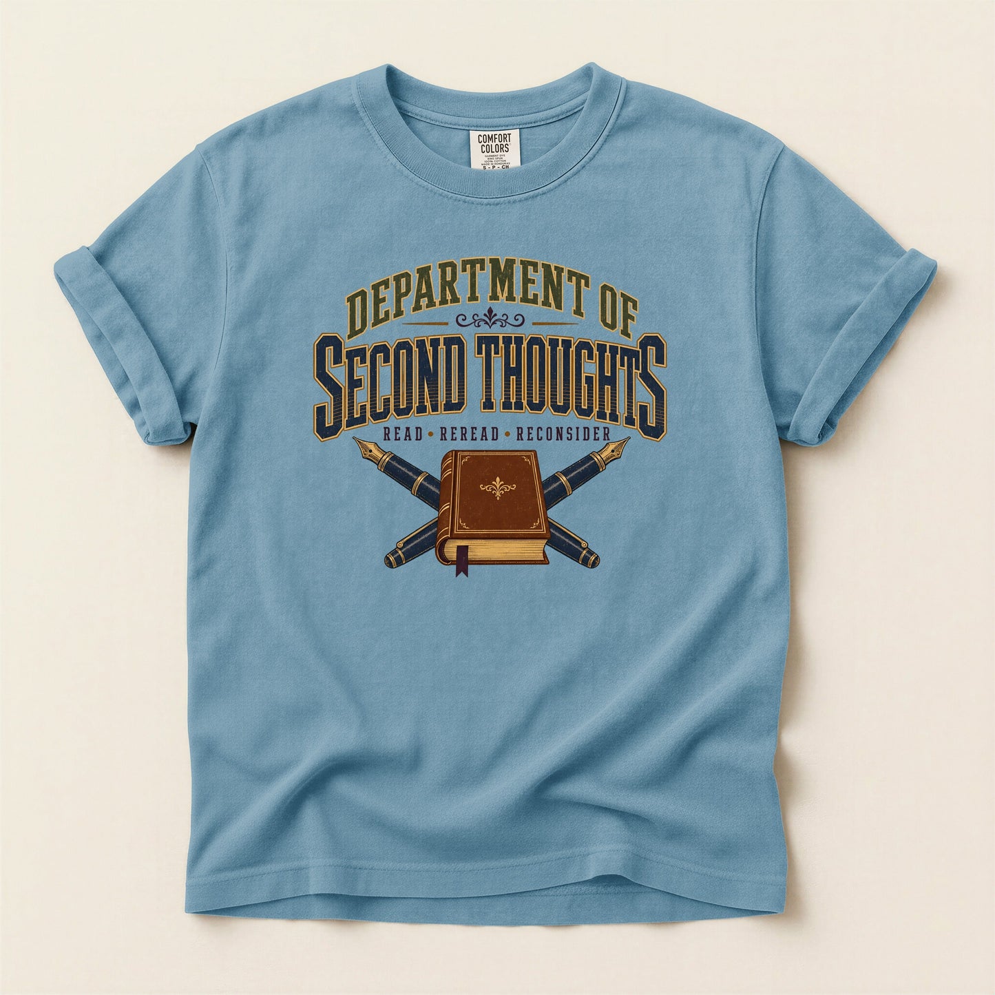 Department of Second Thoughts bookish tee in Ice Blue, full flat