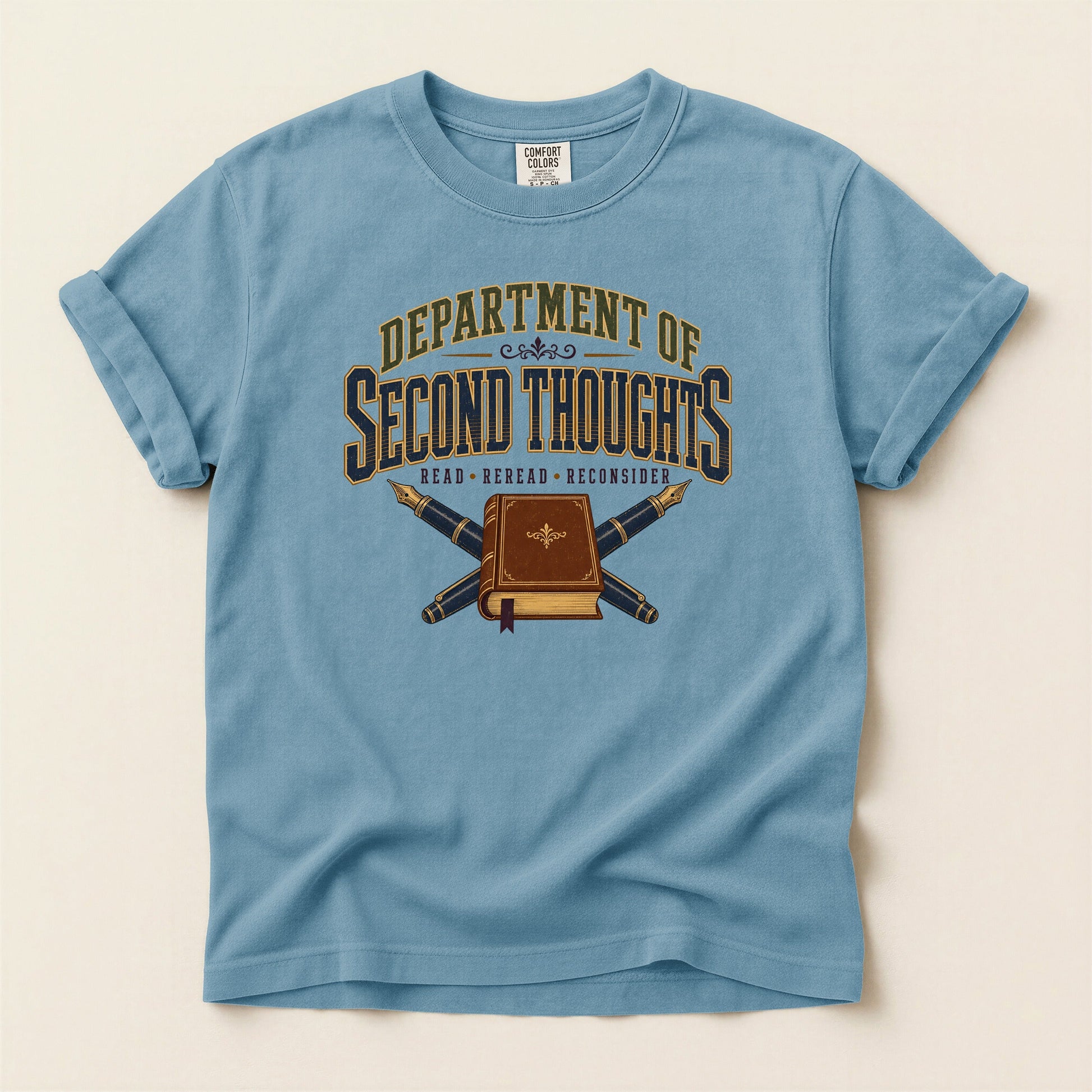 Department of Second Thoughts bookish tee in Ice Blue, full flat